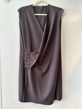 All Saints Sleeveless Draped Slate Grey Mini Dress with Lace-Up Detail